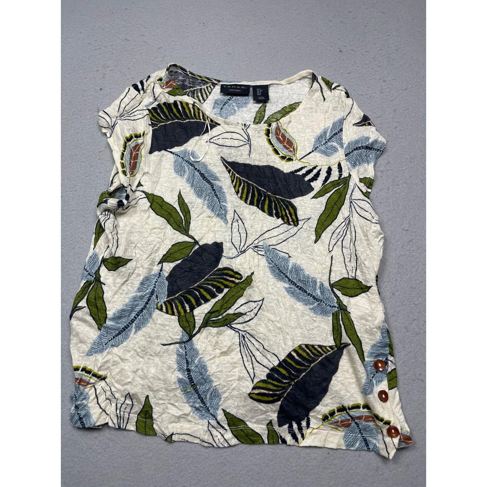 Tahari Top 100% Linen Tropical Leaf Print White Green Size Small Womens